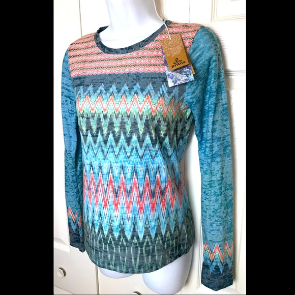 New PRANA Lottie Yoga Shirt Top Long Sleeve In Willow Burnout Tee Chevron Organi - Picture 3 of 14